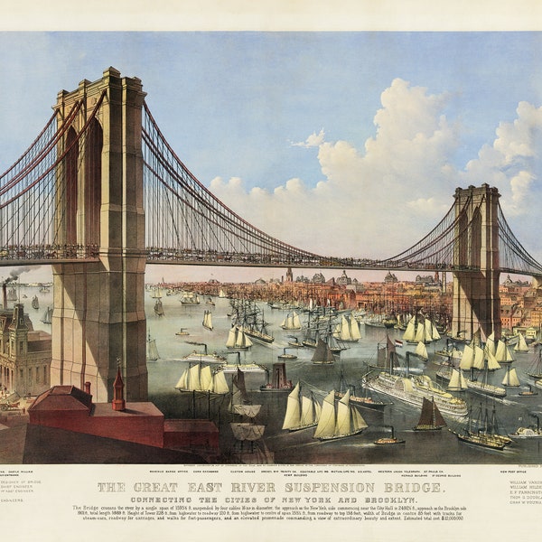 1884 Brooklyn Bridge Poster. Beautiful wall art high-end giclée of Great East River Suspension Bridge. Digitally restored. Wall decor.