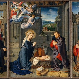 The Nativity Triptych with Donors and Saints ca. 1510–15 by Gerard David. Beautiful digitally restored wall art high-end giclée. Wall decor.