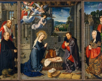 The Nativity Triptych with Donors and Saints ca. 1510–15 by Gerard David. Beautiful digitally restored wall art high-end giclée. Wall decor.