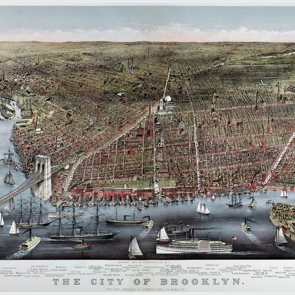 1879 Map of Brooklyn Poster. Beautiful wall art high-end giclée of Brooklyn shore and Street layout. Digitally restored. Wall decor.