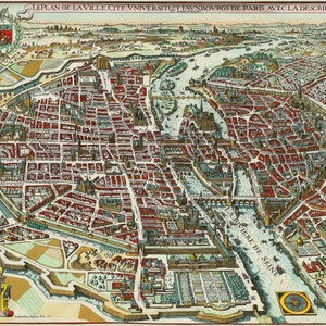 Bird's eye panoramic view art print of Paris in 1615. Vintage map of Paris. Digitally restored. High-end giclée. Wall art decor.