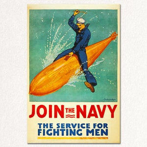 Join the Navy. Classical vintage poster of WWI era. Beautiful wall art high-end giclée. Digitally custom restored. Wall decor. image 1