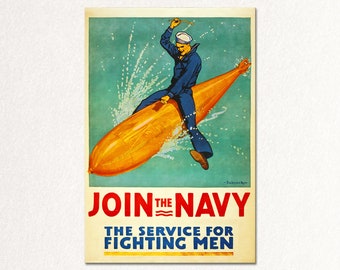 Join the Navy. Classical vintage poster of WWI era. Beautiful wall art high-end giclée. Digitally custom restored. Wall decor.