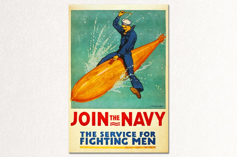 Join the Navy. Classical vintage poster of WWI era. Beautiful wall art high-end giclée. Digitally custom restored. Wall decor. image 1