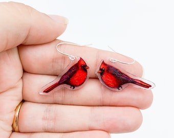 Cardinal earrings, red bird cardinal earrings, memorial earrings, bird jewelry, bird earrings, plastic bird earrings, realistic bird art