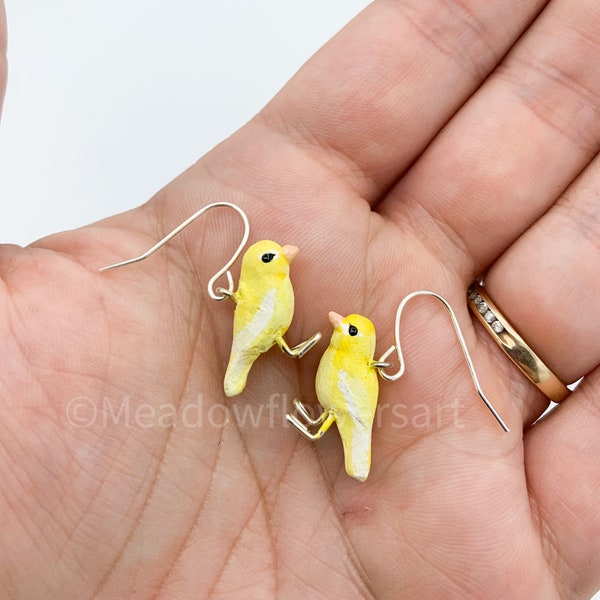 Canary Earrings, adorable bird jewelry, yellow bird earrings, polymer clay earrings, pet bird, fids, canary bird, bird lover gift idea