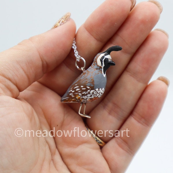 California Quail Pendant Necklace, Polymer clay quail jewelry, handmade state bird art, bird lover gift idea, quail, sterling silver