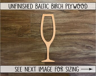 Champagne Flute Glass Cutout, Unfinished Wood Cutout Shapes DIY Craft, Many Sizes Available