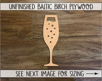 Bubbly Champagne Glass Flute Unfinished Wood Cutout Shapes, Laser Cut DIY Craft, Many Sizes Available