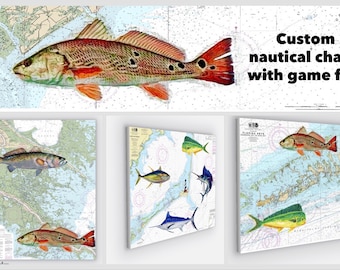 Custom NOAA Charts with Saltwater Fish Nautical Map/Chart Printed on Canvas All fish,All Areas 5 Sizes ,  Free Shipping, You pick chart fish
