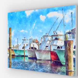 Oregon Inlet North Carolina Boot Aquarell Boot Kunst , Hatteras Marina , Outer Banks Leinwand Drucke |  | Kunstdruck auf Leinwand 61 x 92 cm