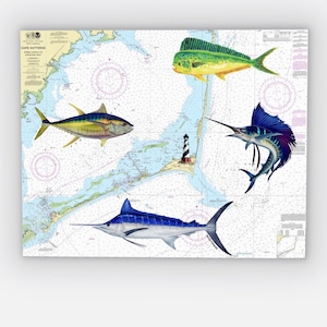 Carta náutica de Outer Banks sobre lienzo, arte de la carta náutica de Hatteras Carolina del Norte. Lienzo, Gráficos personalizados arte 16"x20" Hatteras NC Nautical