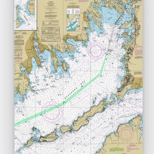 Buzzard Bay Seekarten auf Canvas, Buzzards Bay, MA; Cape Cod Kanal Seekarte, New Bedford Seekarte Leinwand 36 "x 24"