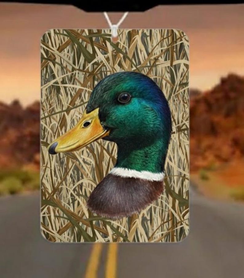 May include: Rectangular air freshener featuring a detailed illustration of a mallard duck's head. The duck has a green head, yellow beak, and brown neck. The background is a camouflage pattern of tall grass. A white string is attached for hanging.