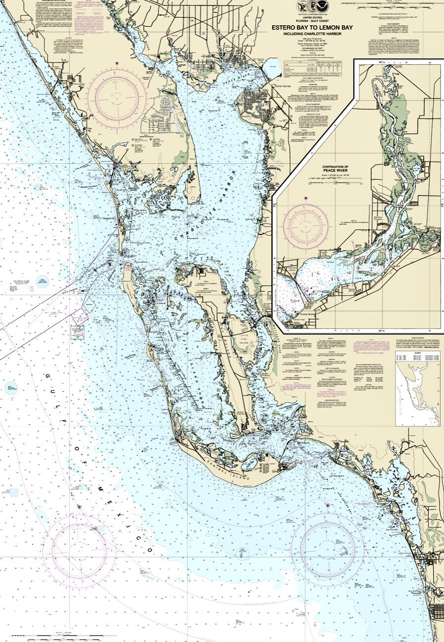Ft. Meyers Beach, Punta Gorda, Sanibel Island, Captiva, Charlotte Harbor,  Peace River, Florida - Nautical Map/chart - Canvas 36\, image size:896x1296