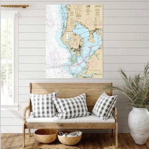 Carta náutica de Tampa Bay sobre lienzo, arte de la carta náutica de Clearwater Florida. Lienzo, gráficos personalizados, impresiones náuticas de Tampa Bay de 30 "x 40"