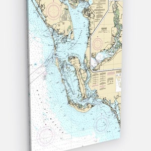 Ft. Meyers Beach, Punta Gorda, Sanibel Island, Captiva, Charlotte Hafen, Peace River, Florida - Seekarte - Leinwand 92x24 cm