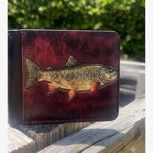 Men's Brown Trout Watercolor Bifold Wallet, Vegan Leather Outdoors Design
