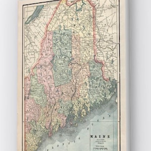 Mapa do estado do Maine em tela 1889, mapas de estado vintage personalizados em tela, todos os estados, mapas vintage de 18” x 24” dos EUA, impressões de belas artes do estado do Maine