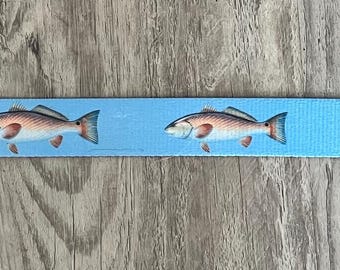 Redfish Dog Collar , Sportfish Dog Collar,  Dog Collar, (S/M) ( L/XL) Brown, Blue and Mint with Redfish Watercolor Fish,