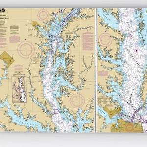 Carta náutica da Baía de Chesapeake, impressão em tela, mapa colorido da Baía de Chesapeake, arte da Baía de Chesapeake em tela - Mapa/Carta Náutica - Tela 36"x24"