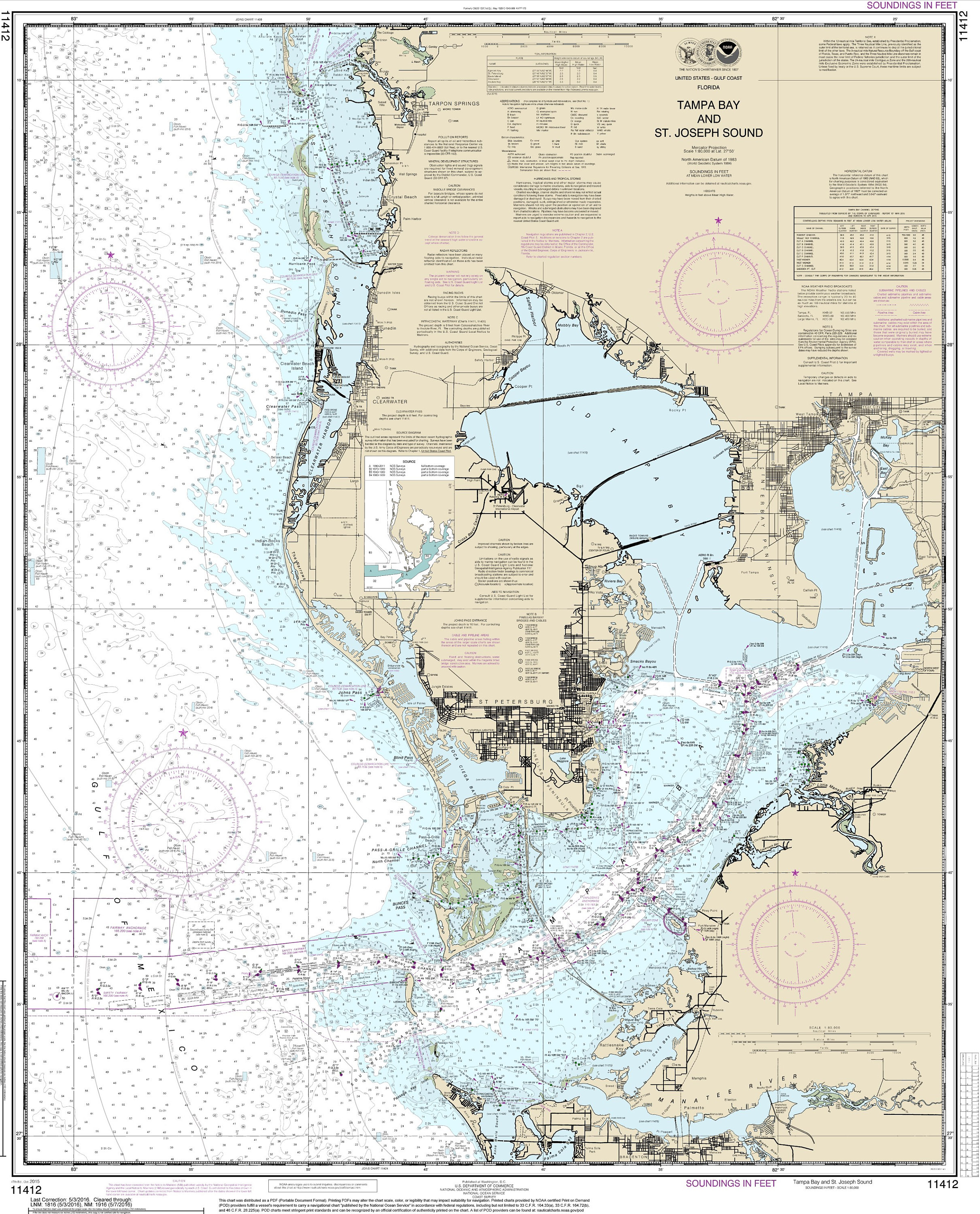 Tampa Bay Nautical Chart on Canvas , Clearwater Florida Nautical Chart