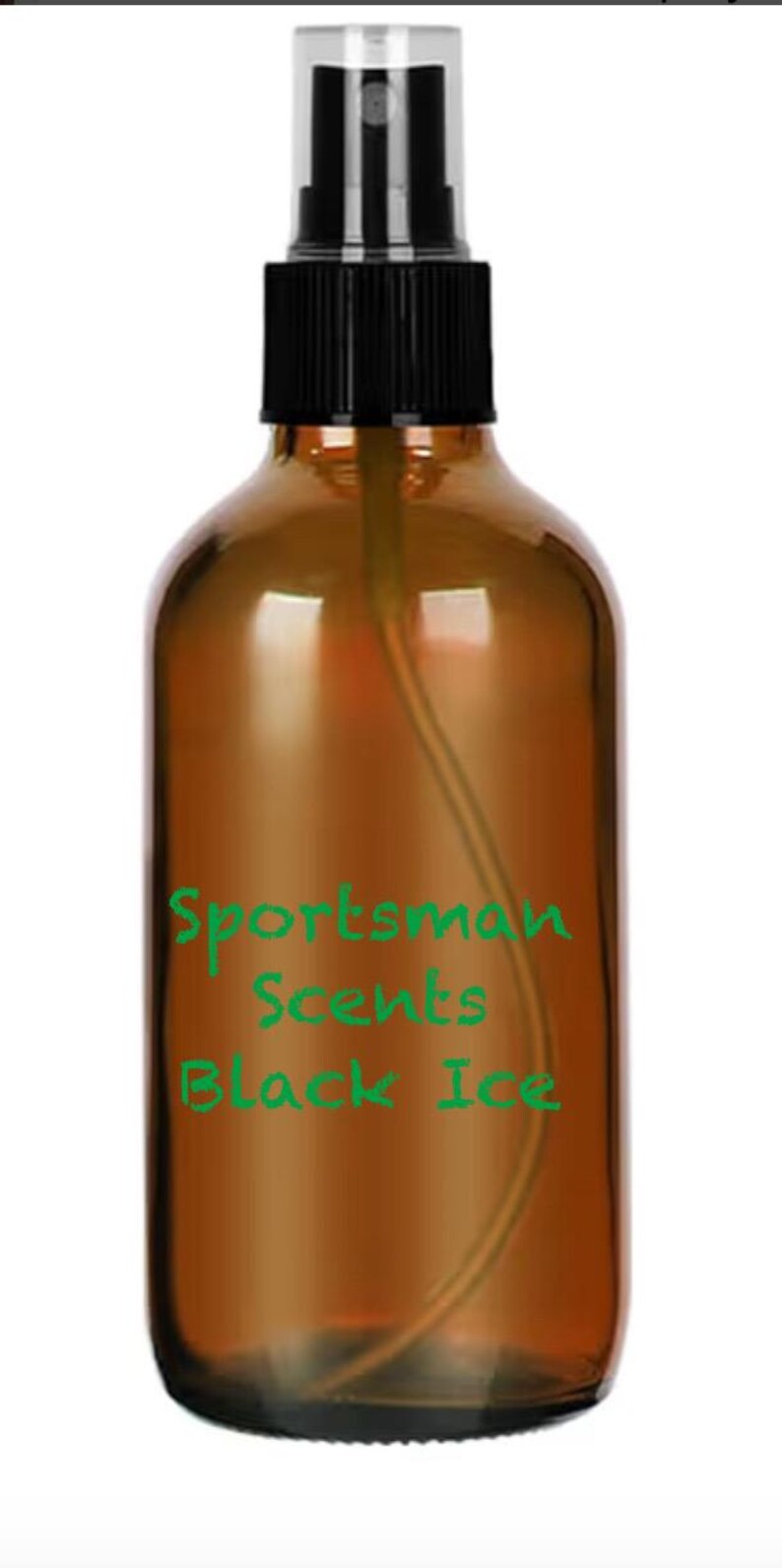 May include: A brown glass spray bottle with a black nozzle and clear cap. The bottle has the text "Sportsman Scents Black Ice" in green. The bottle is filled with a clear liquid.
