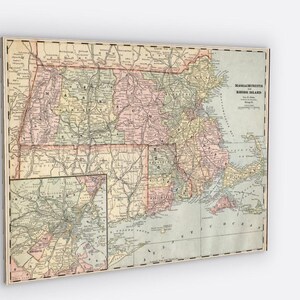 Mapas estaduais antigos Rhode Island e Massachusetts em tela 30”x40” Impressões de belas artes de Cape Code e Martha’s Vinyard Mapas antigos Arte em tela