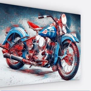 Puede incluir: Una motocicleta vintage azul y roja con detalles cromados. La motocicleta tiene una rueda delantera grande y una rueda trasera más pequeña. La motocicleta está pintada en un estilo acuarela.