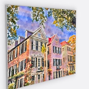 Savannah Georgia Canvas   Water Color Prints 24”x36” c Canvas  Coastal Cottages Fine Art| Savannah Row House Art |  Fine Art Prints| Art