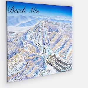 Puede incluir: Un mapa ilustrado colorido de la estación de esquí de Beech Mountain. El mapa muestra la disposición de las pistas de esquí, los remontes y la zona base. La altitud del pico es de 3.808 pies.