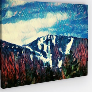 Puede incluir: Una pintura digital de una cordillera nevada con un cielo azul y nubes blancas. Las cumbres de las montañas están cubiertas de nieve y el cielo está lleno de nubes blancas. La pintura está realizada en un estilo que recuerda al impresionismo.