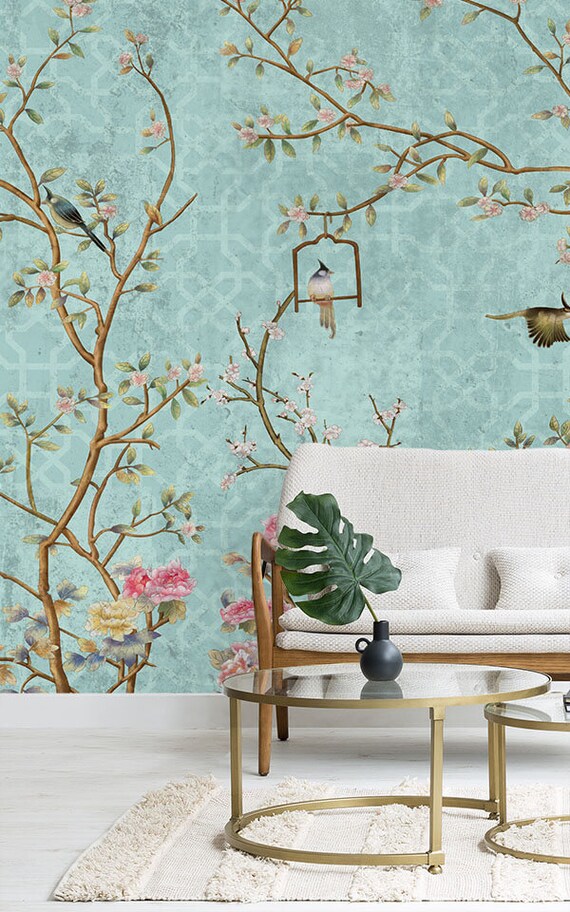 Chinoiserie wallpaper peel and stick vintage wallpaper birds | Etsy