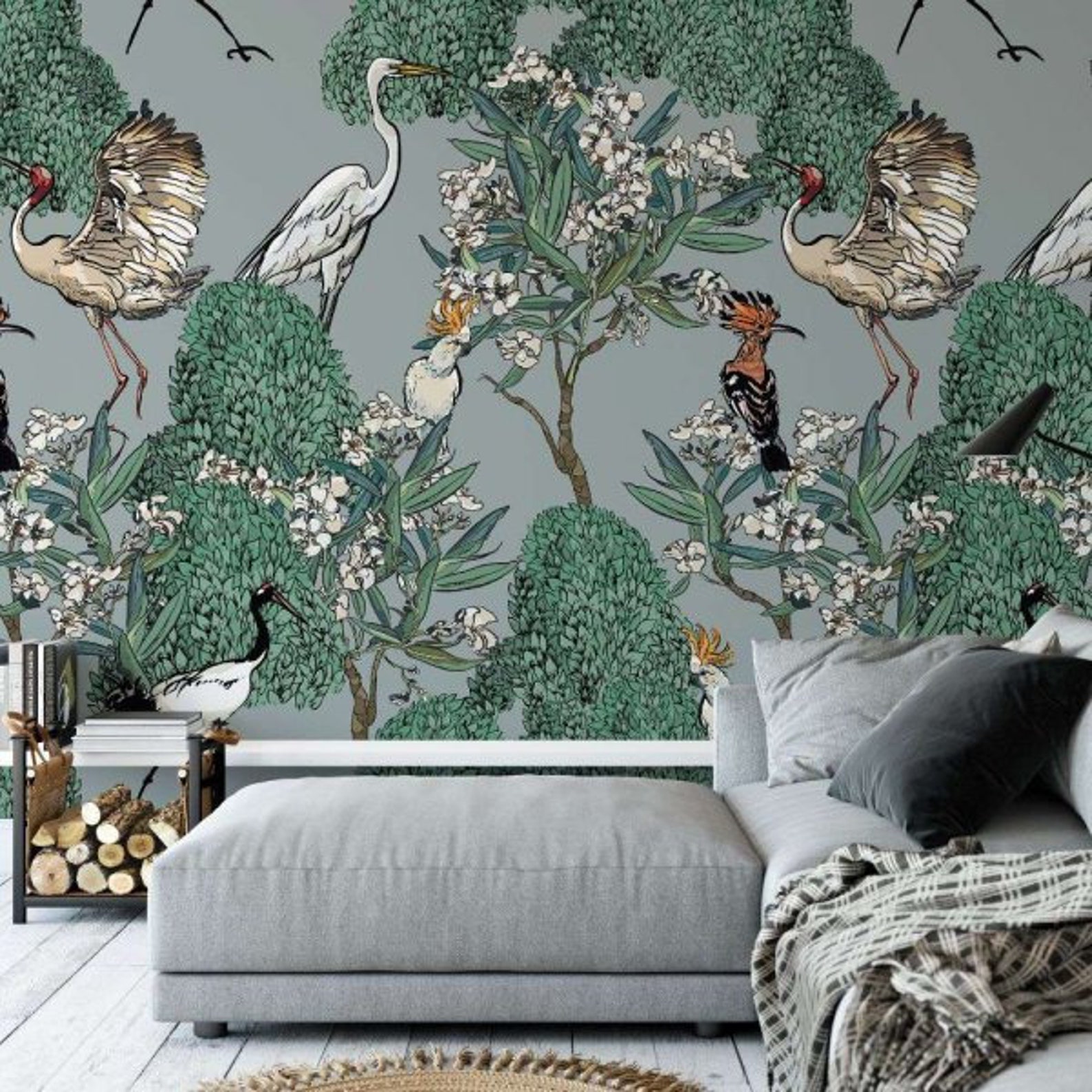 Chinoiserie wallpaper peel and stick vintage heron wallpaper | Etsy
