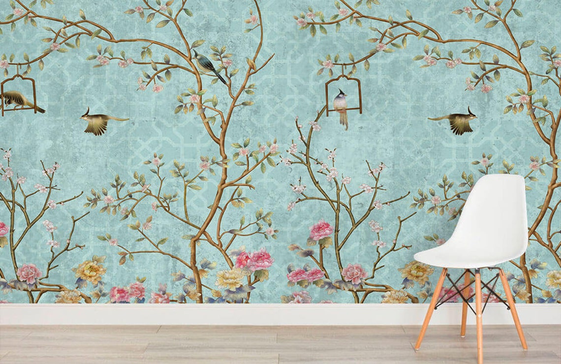 Chinoiserie wallpaper peel and stick vintage wallpaper birds | Etsy