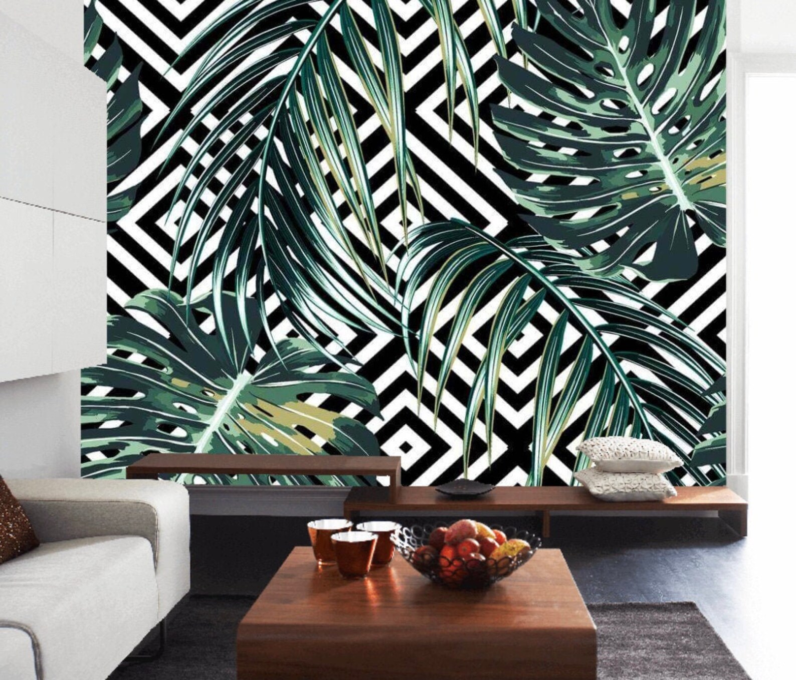 Geometric leaves wallpaper floral wallpaper wall decor Etsy