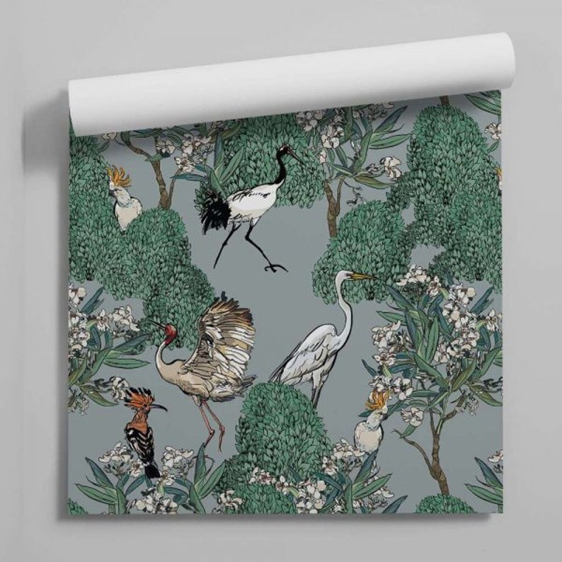 Chinoiserie wallpaper peel and stick vintage heron wallpaper | Etsy