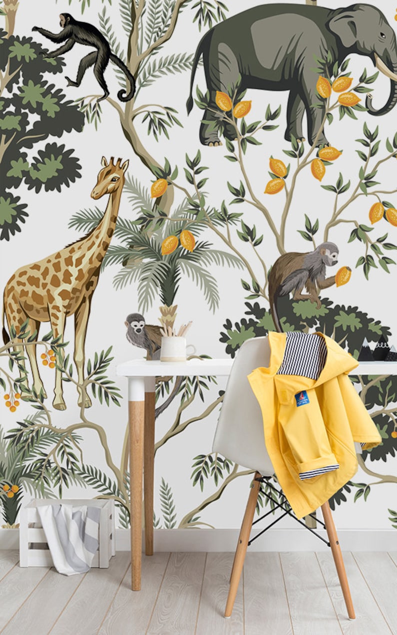 Jungle wallpaper self adhesive peel and stick wallpaper animal | Etsy