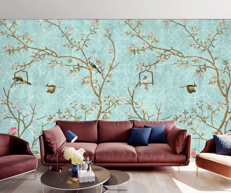 Chinoiserie wallpaper peel and stick vintage wallpaper birds | Etsy