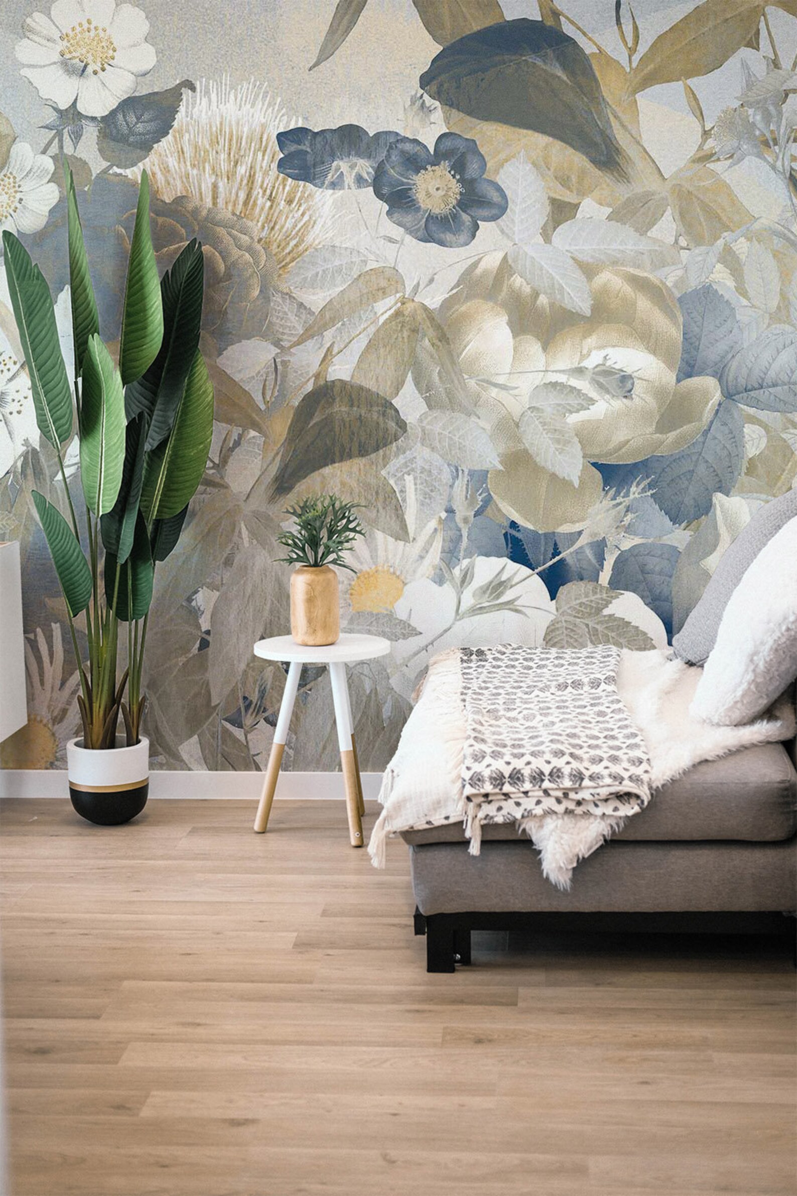 Blue botanical wallpaper minimalism wall decor boho | Etsy