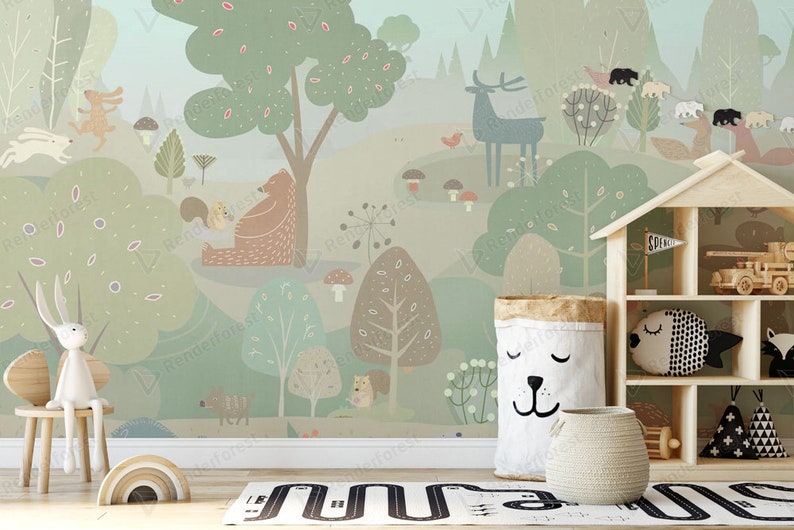 Woodland nursery wallpaper peel and stick forest animals Etsy
