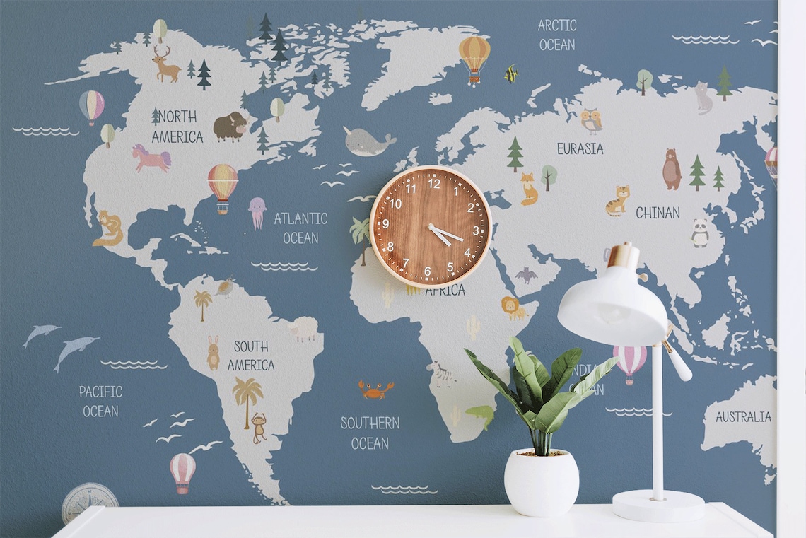 Kids World Map Wallpaper Kids Wallpaper Self Adhesive Boys Etsy Canada