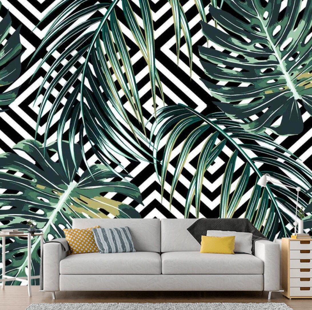 Geometric leaves wallpaper floral wallpaper wall decor Etsy