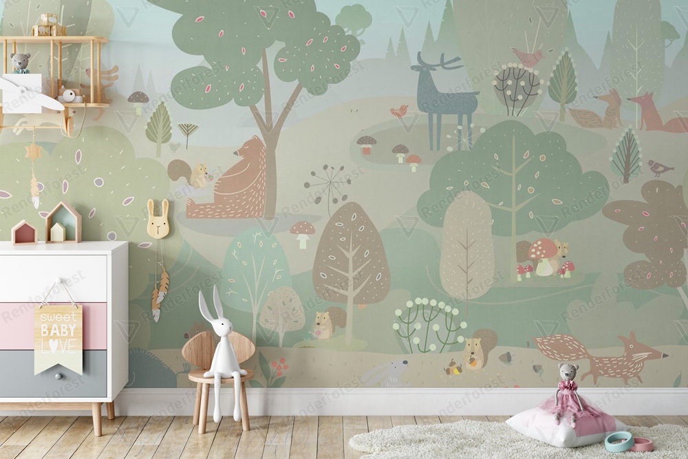 Woodland nursery wallpaper peel and stick forest animals | Etsy