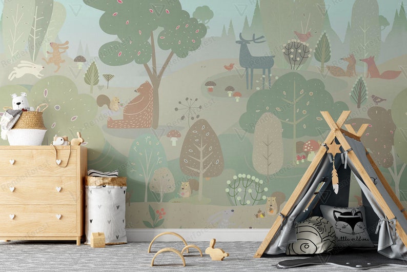 Woodland nursery wallpaper peel and stick forest animals | Etsy
