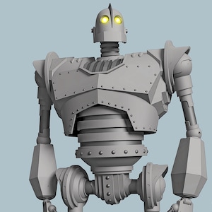 May include: A gray, stylized robot figure with a riveted metal design. The robot has a cylindrical torso, articulated limbs, and a head with glowing yellow eyes. The image has the text "Droid Division" in the bottom right corner.