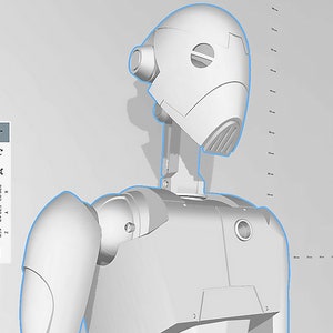 May include: A white 3D model of a robot with a segmented body and a round head. The robot has a single eye and a grill-like mouth.
