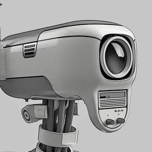 May include: A white robot with a large, round head and a single antenna. The robot has a camera lens on the front of its head and a series of wires and tubes connecting its head to its body. The robot is standing on a grey background. The text "Droid Division" is written in black on the right side of the image.