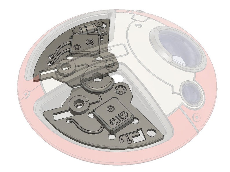 May include: A close-up of a silver-coloured mechanical watch movement with intricate gears and a small square component labelled "CJL".