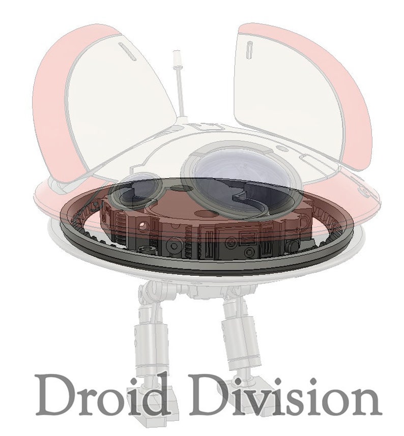 May include: A white and red robot with a round base and two legs. The robot has a clear dome on top and a gear system visible underneath. The text "Droid Division" is printed below the robot.